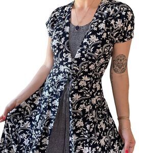 Vintage 1990s Navy Blue White Floral Cottagecore Hippy Rayon Maxi Dress Sz M